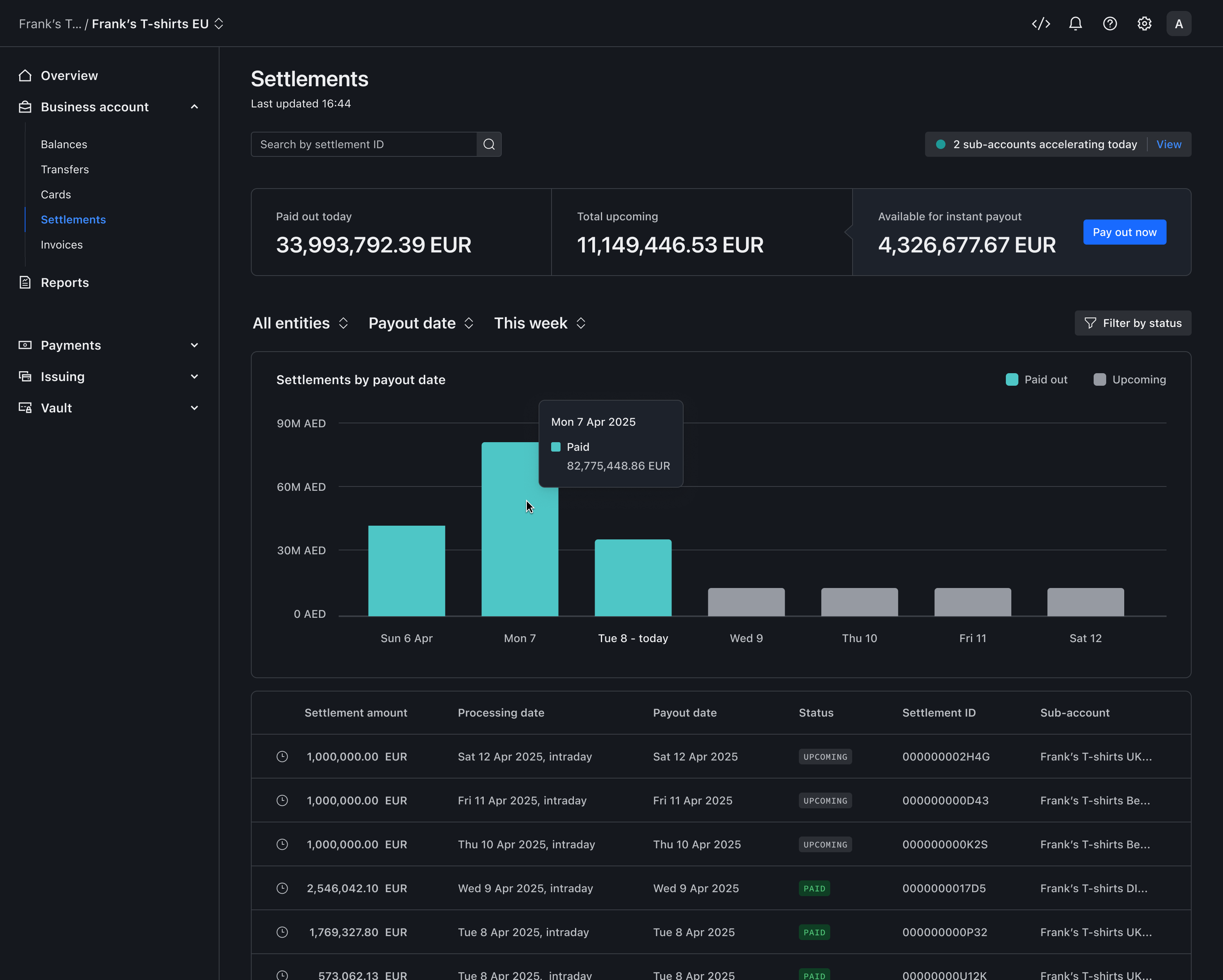 Settlement overview – Dark mode