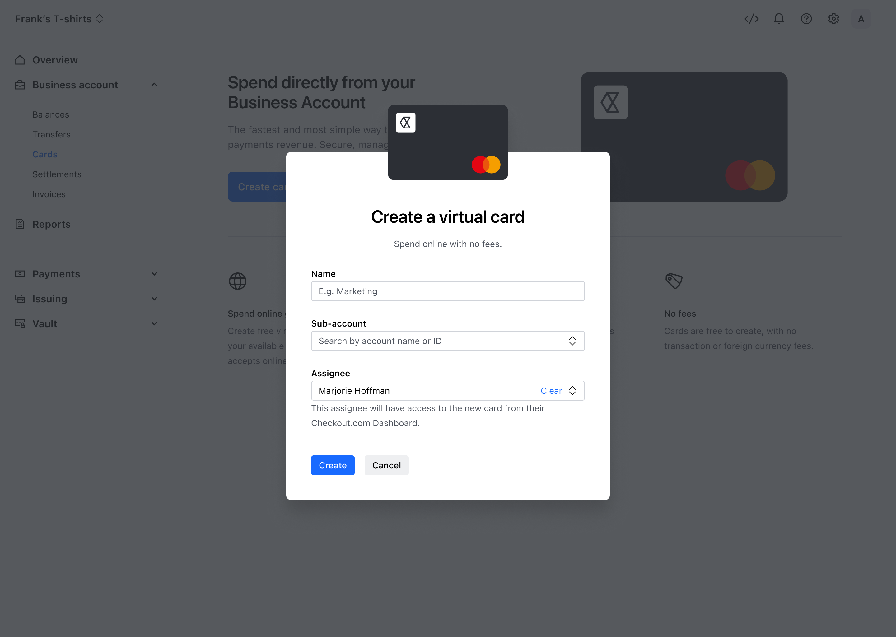 Create a virtual card modal – Light mode