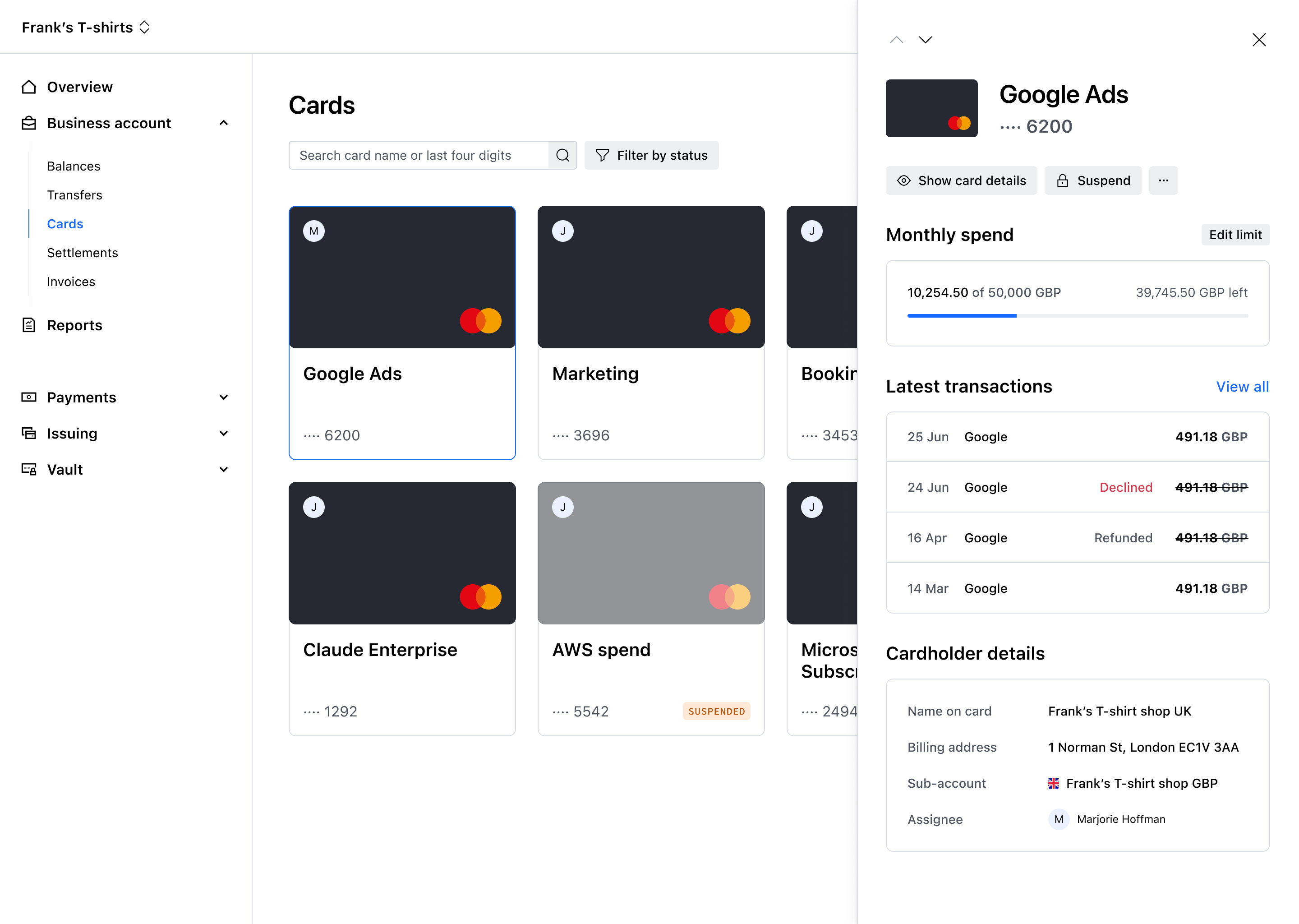 Card detail drawer – Light mode