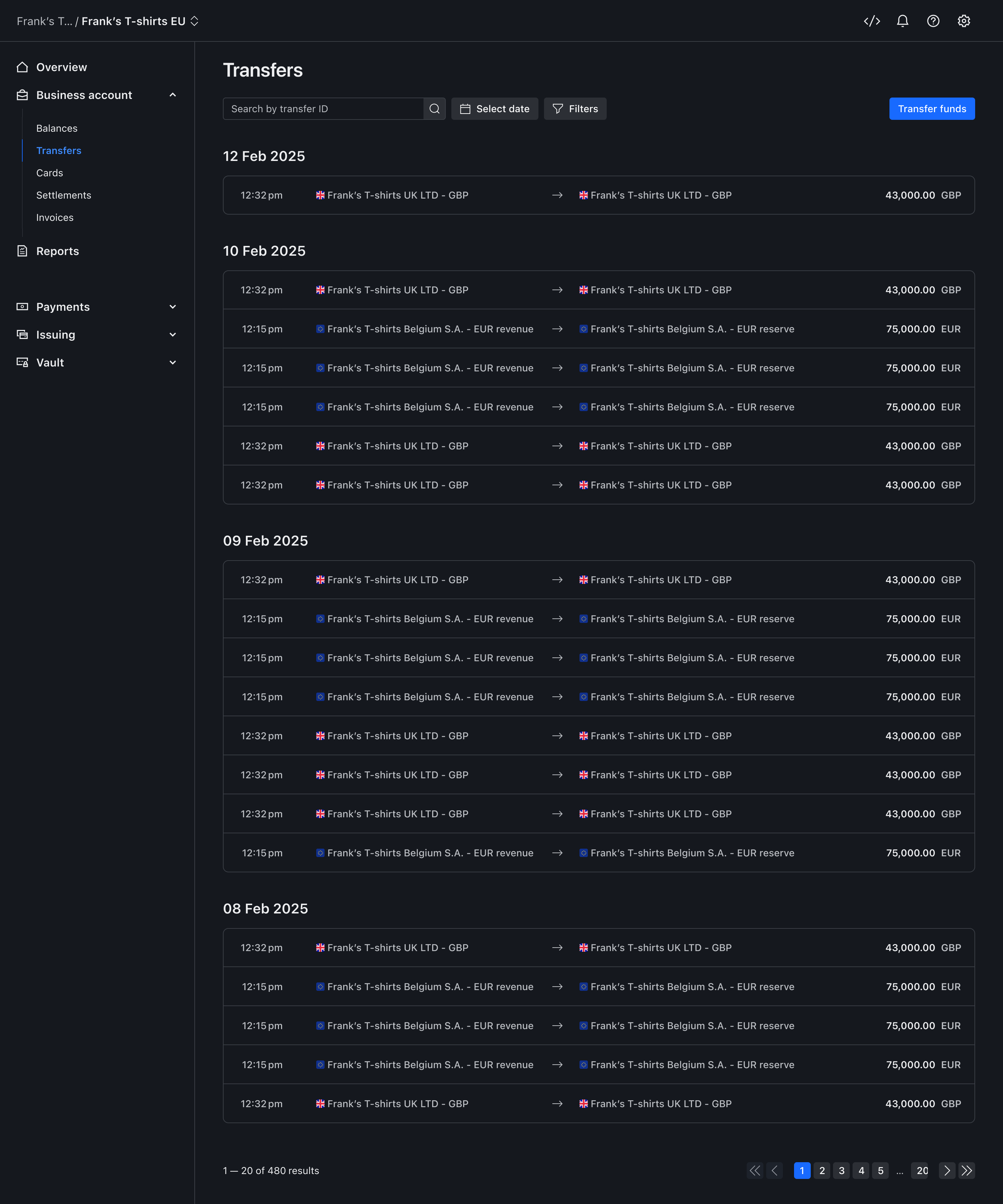 Transfer activity view – Dark mode