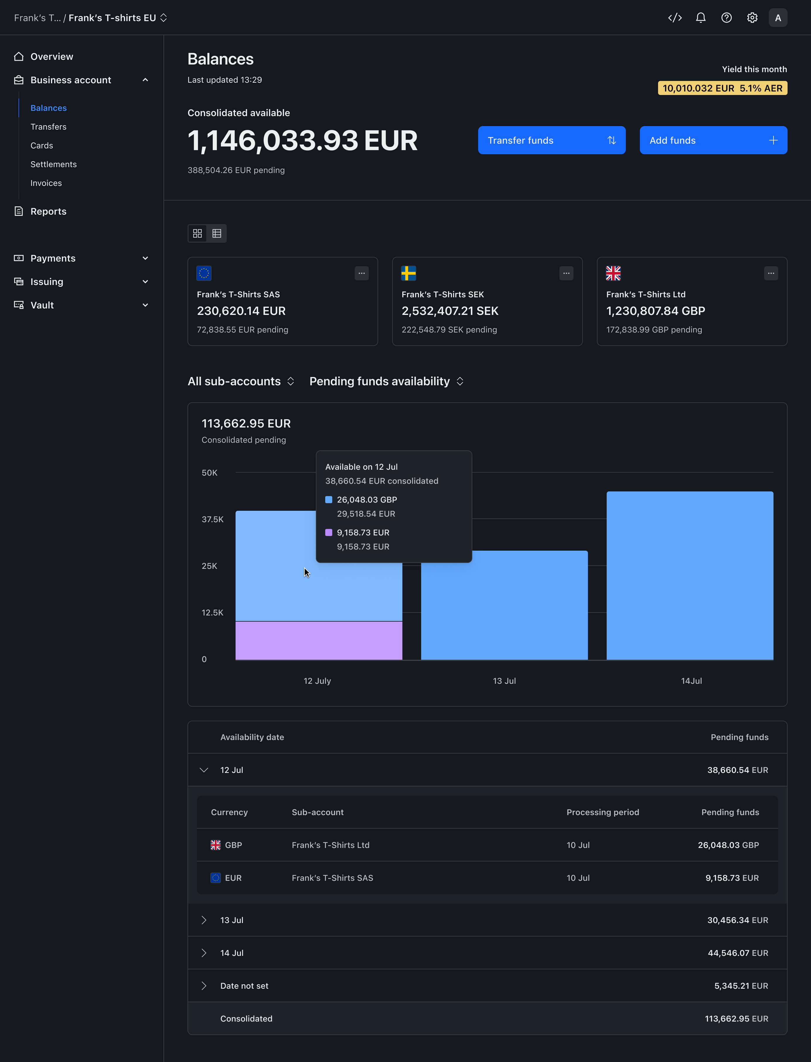 Pending funds availability view – Dark mode