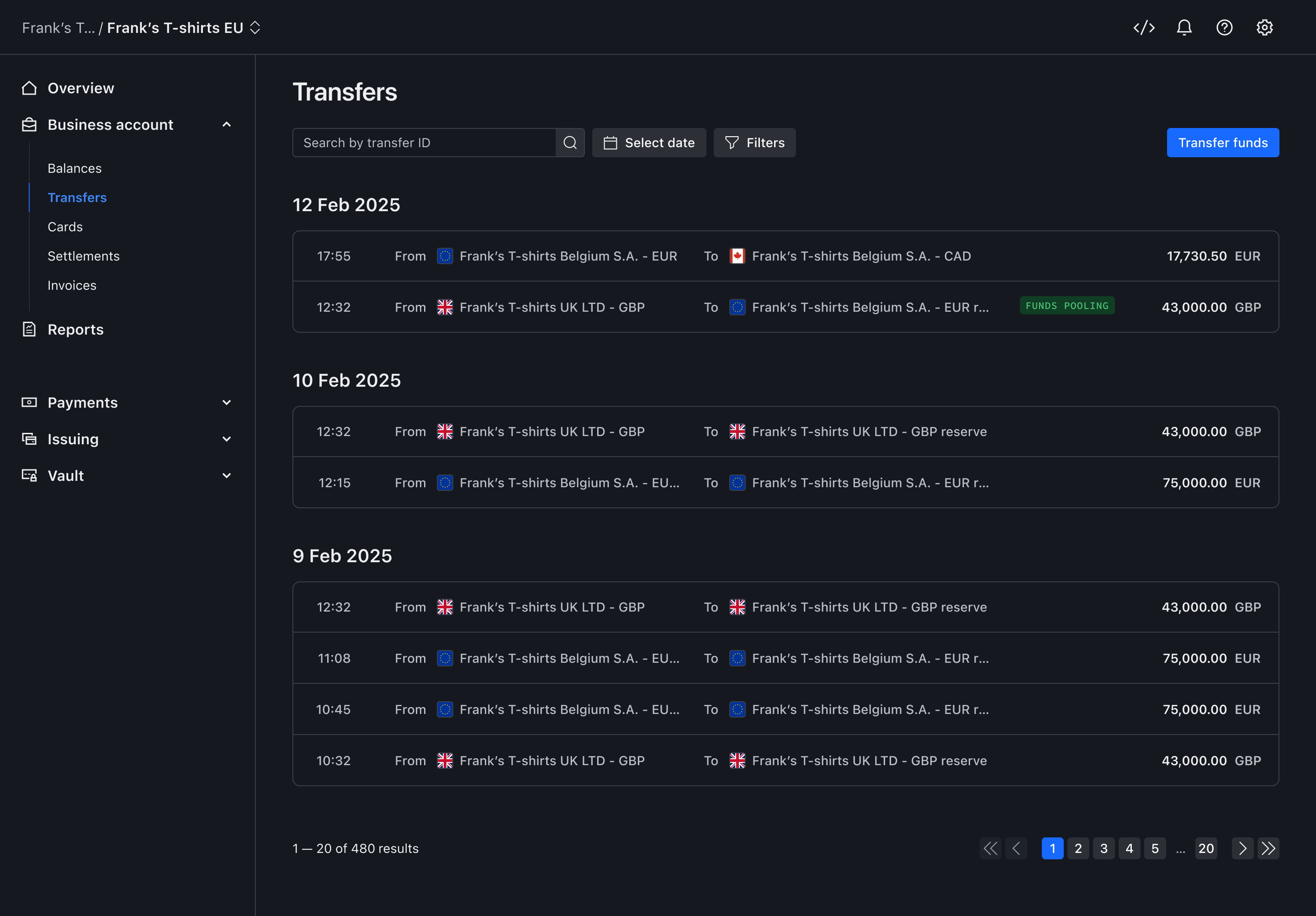 Transfers activity table showing funds pooling – Dark mode