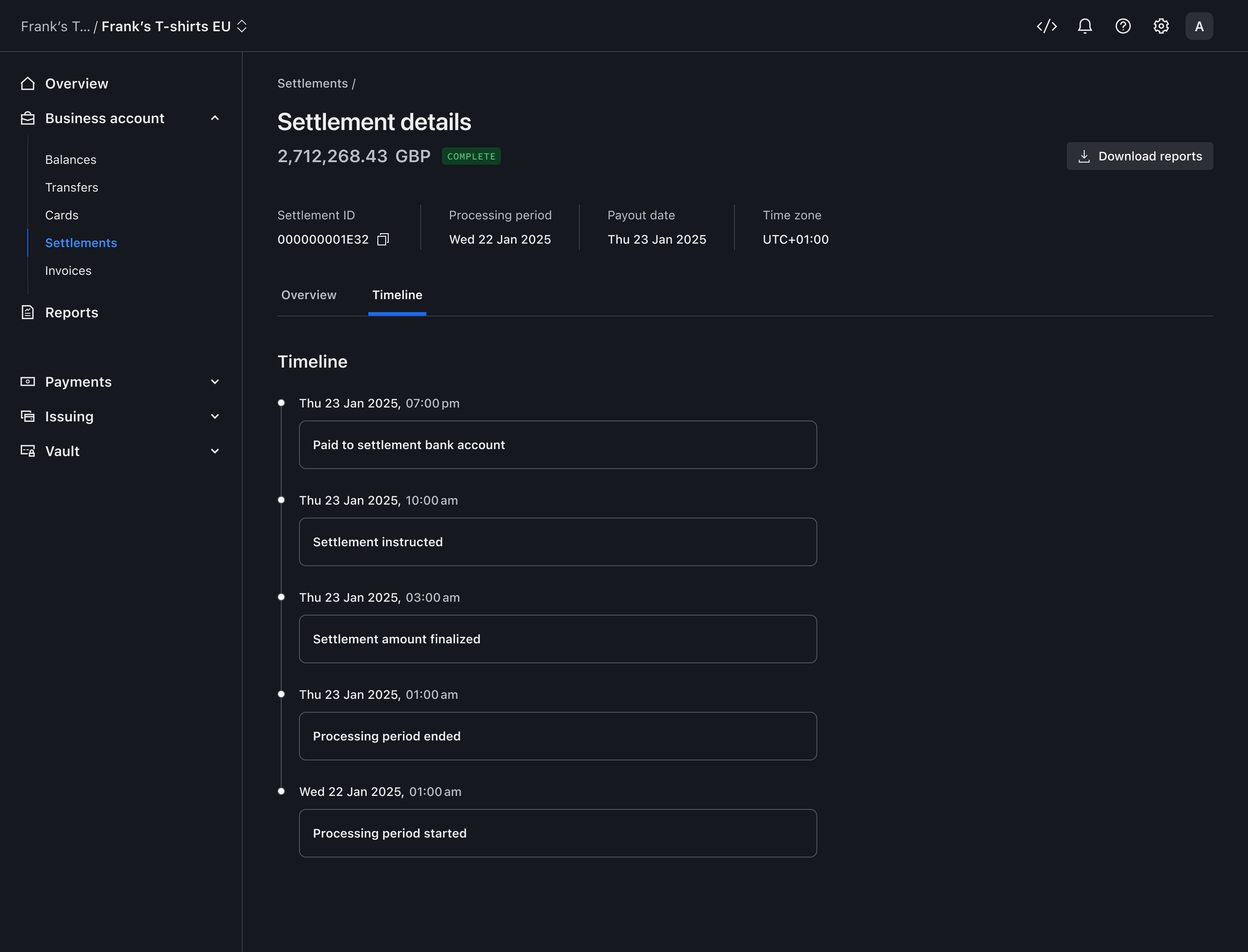 Settlement detail timeline – Dark mode