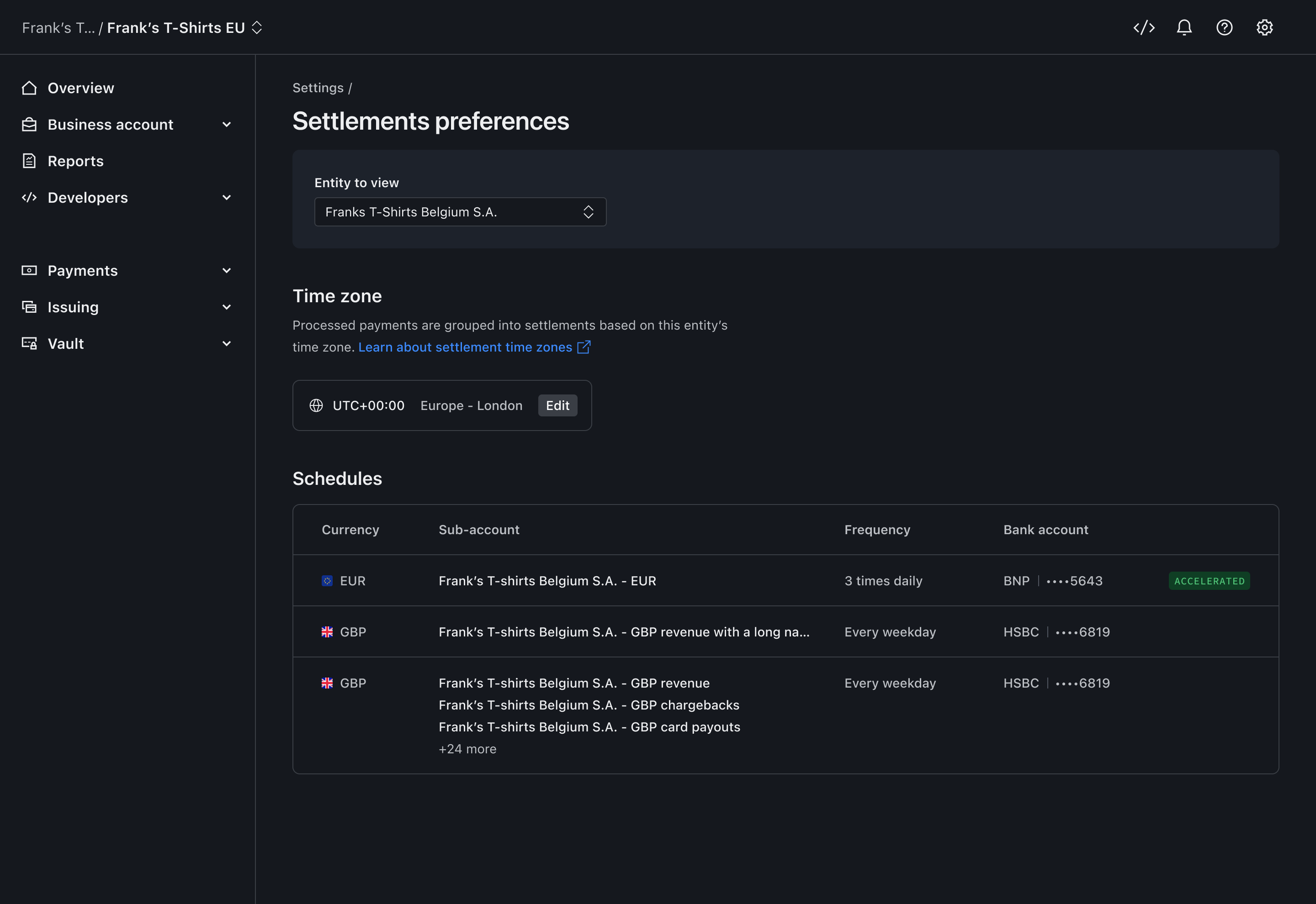 Settlement settings entity view – Dark mode