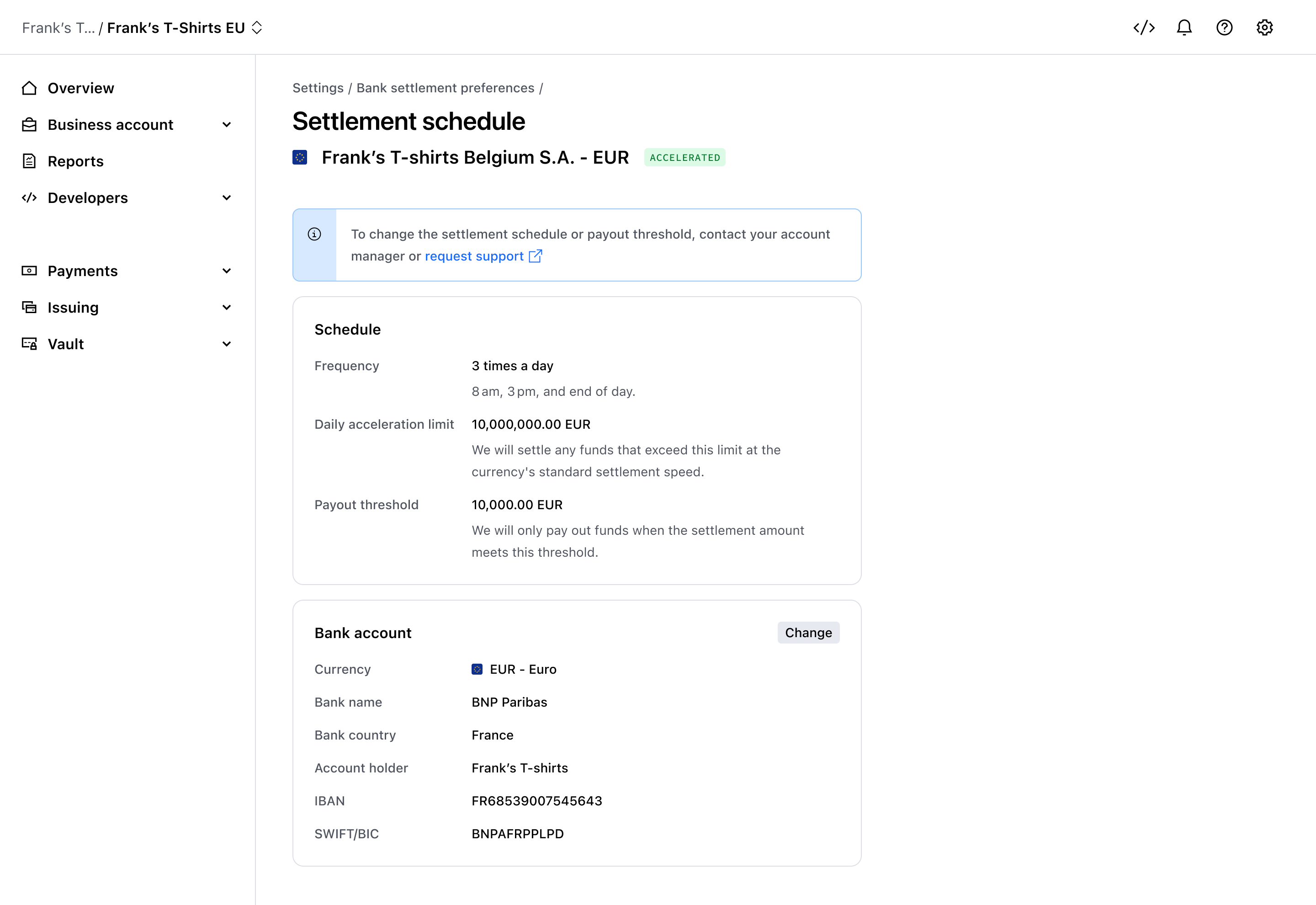 Settlement schedule view – Light mode