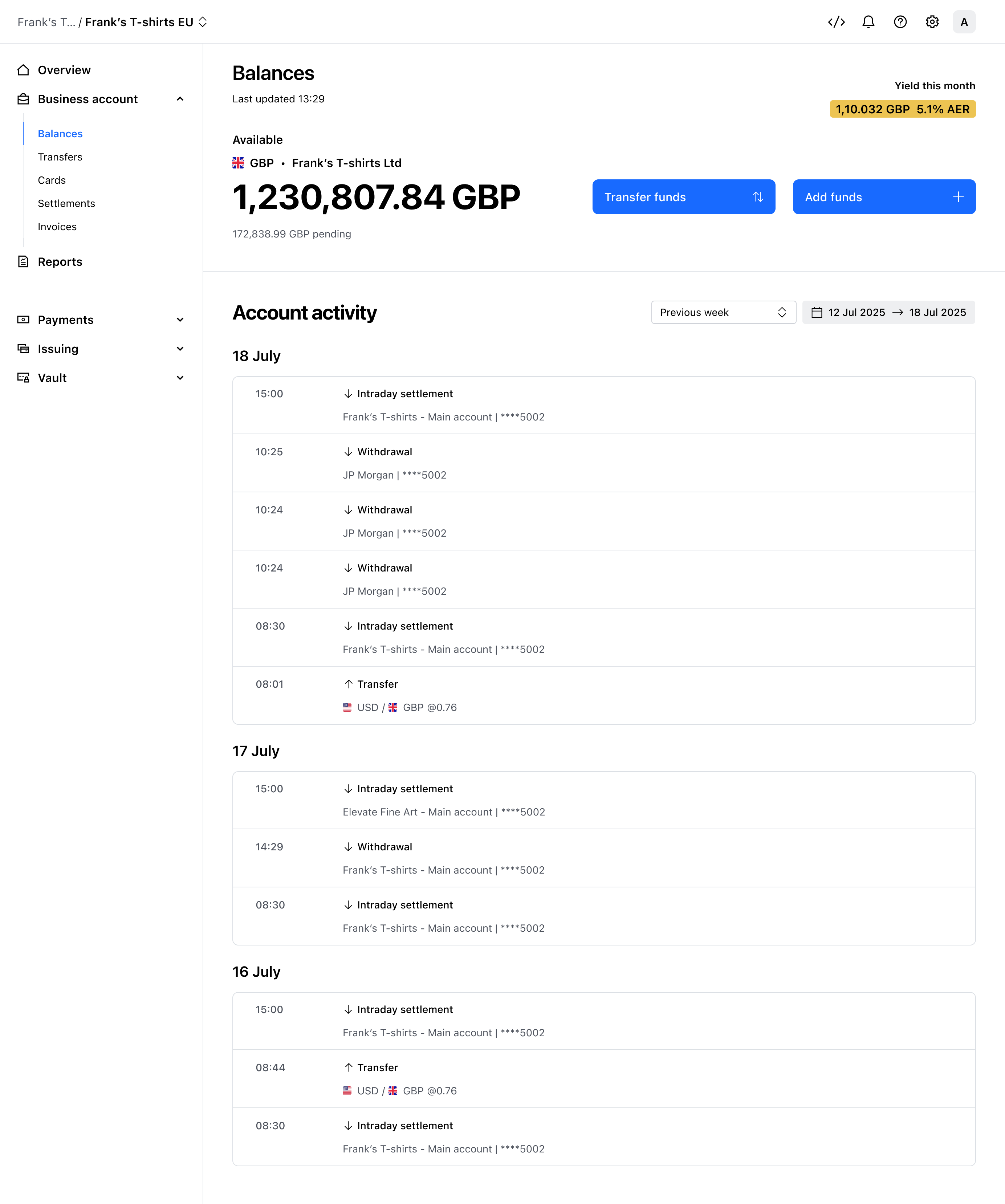 Sub-account activity view – Light mode