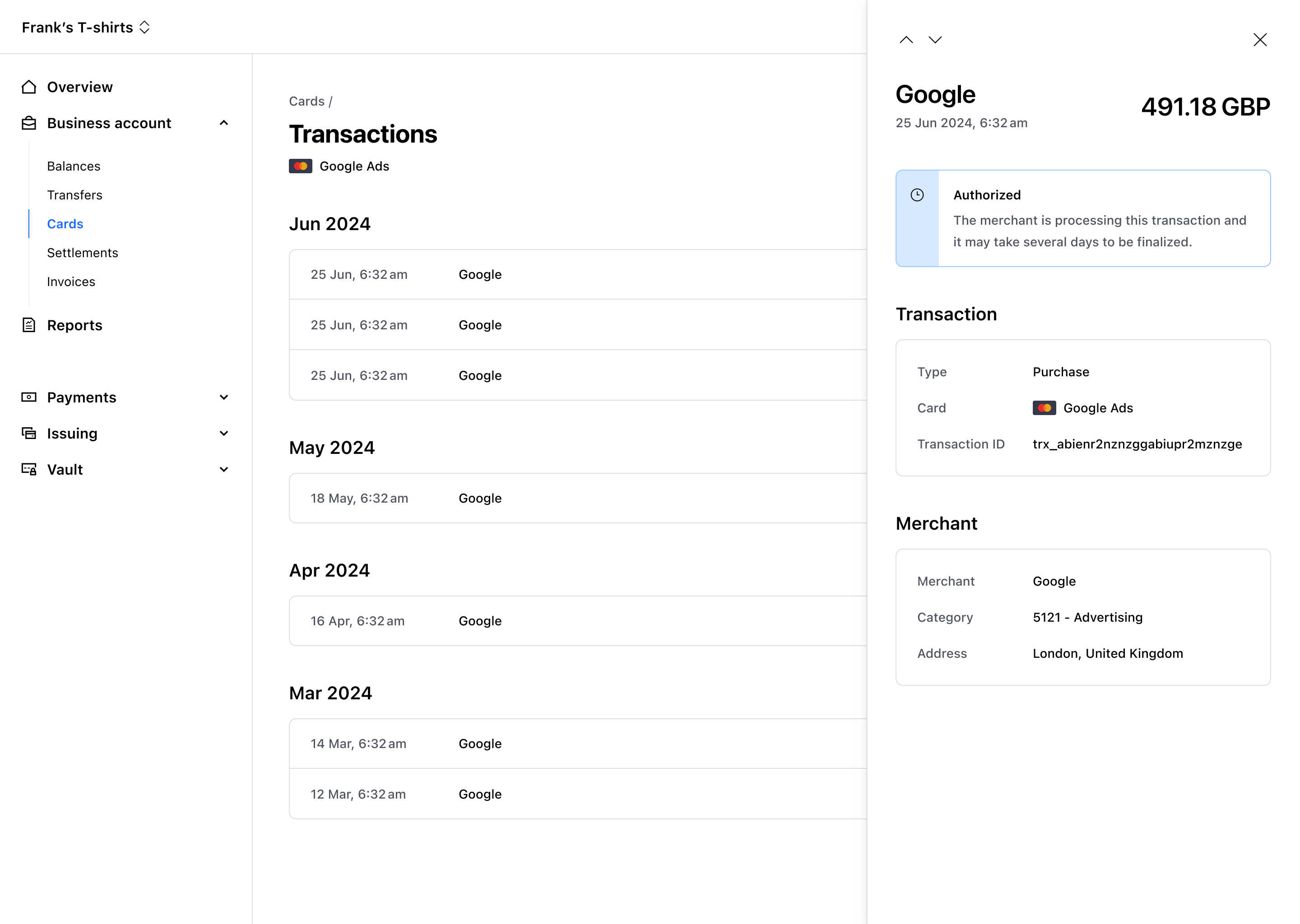 Transaction detail drawer – Light mode
