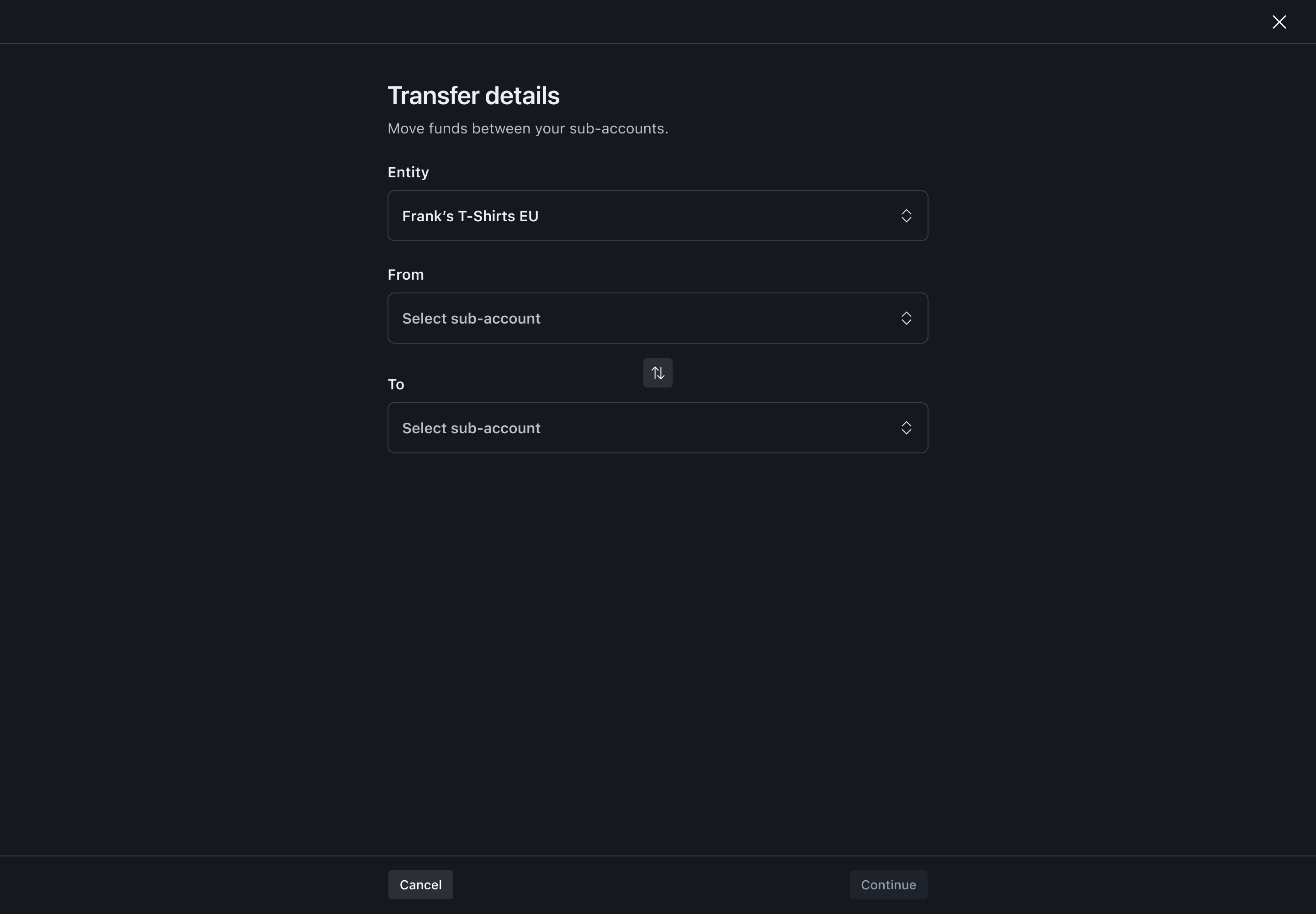 Transfer flow step 1 – Entity selected – Dark mode