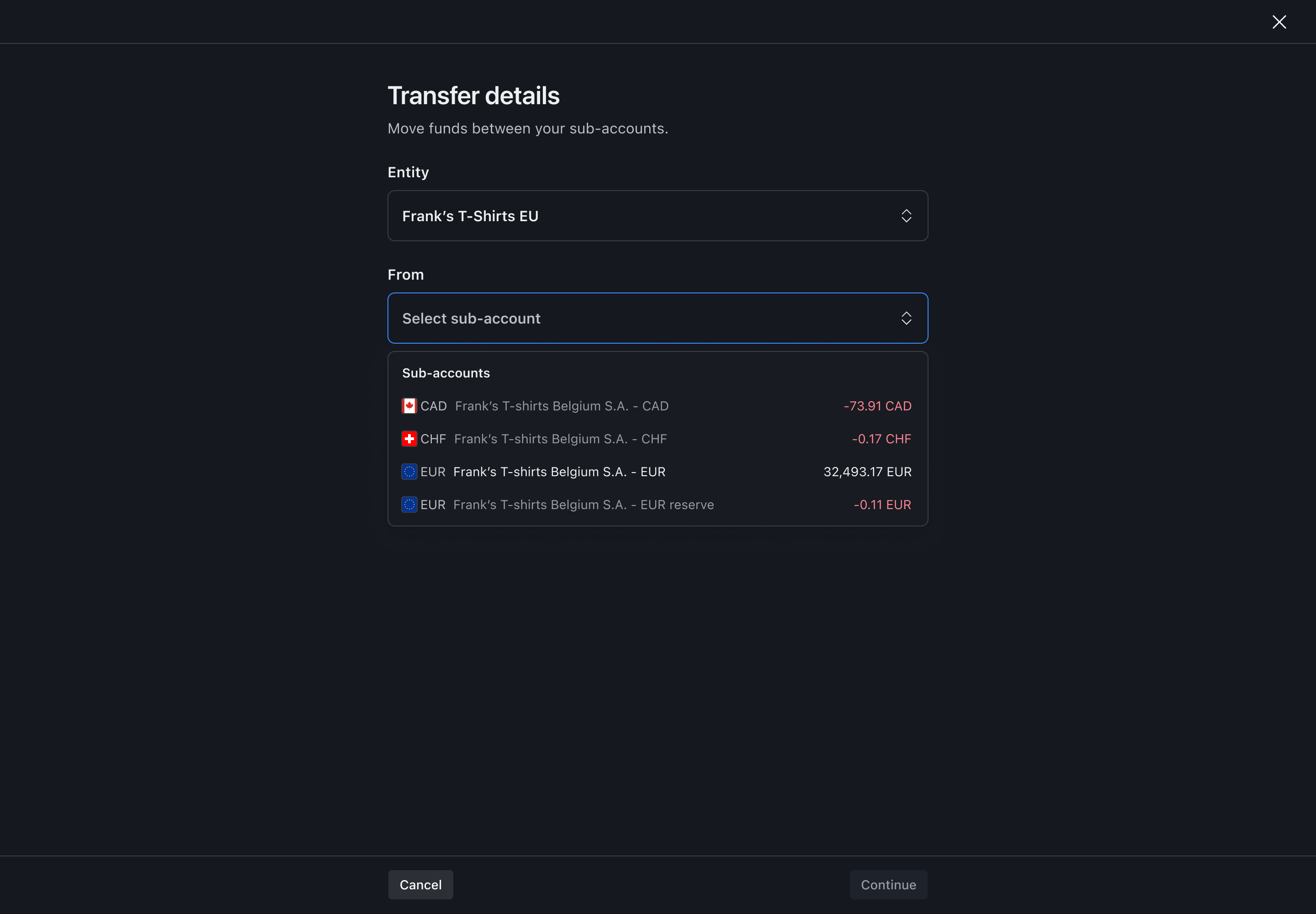 Transfer flow step 2 – From account selection – Dark mode