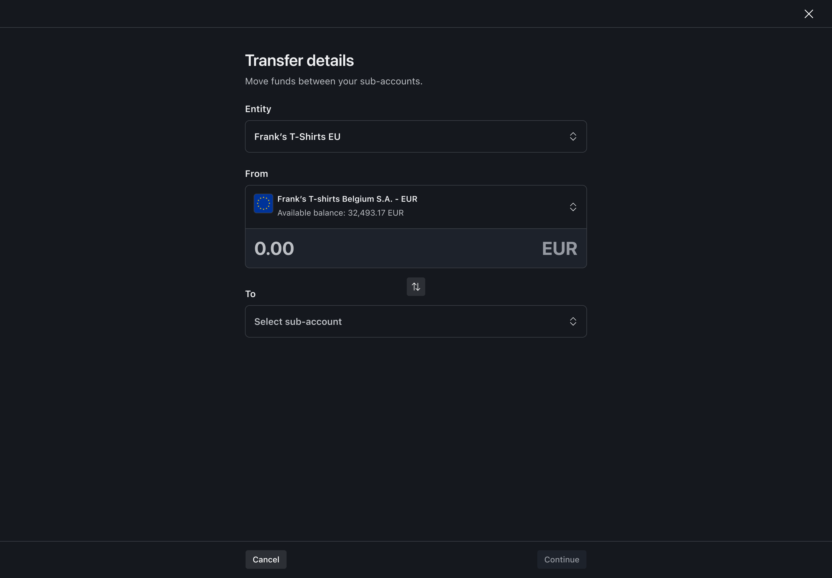 Transfer flow step 3 – From account selected – Dark mode