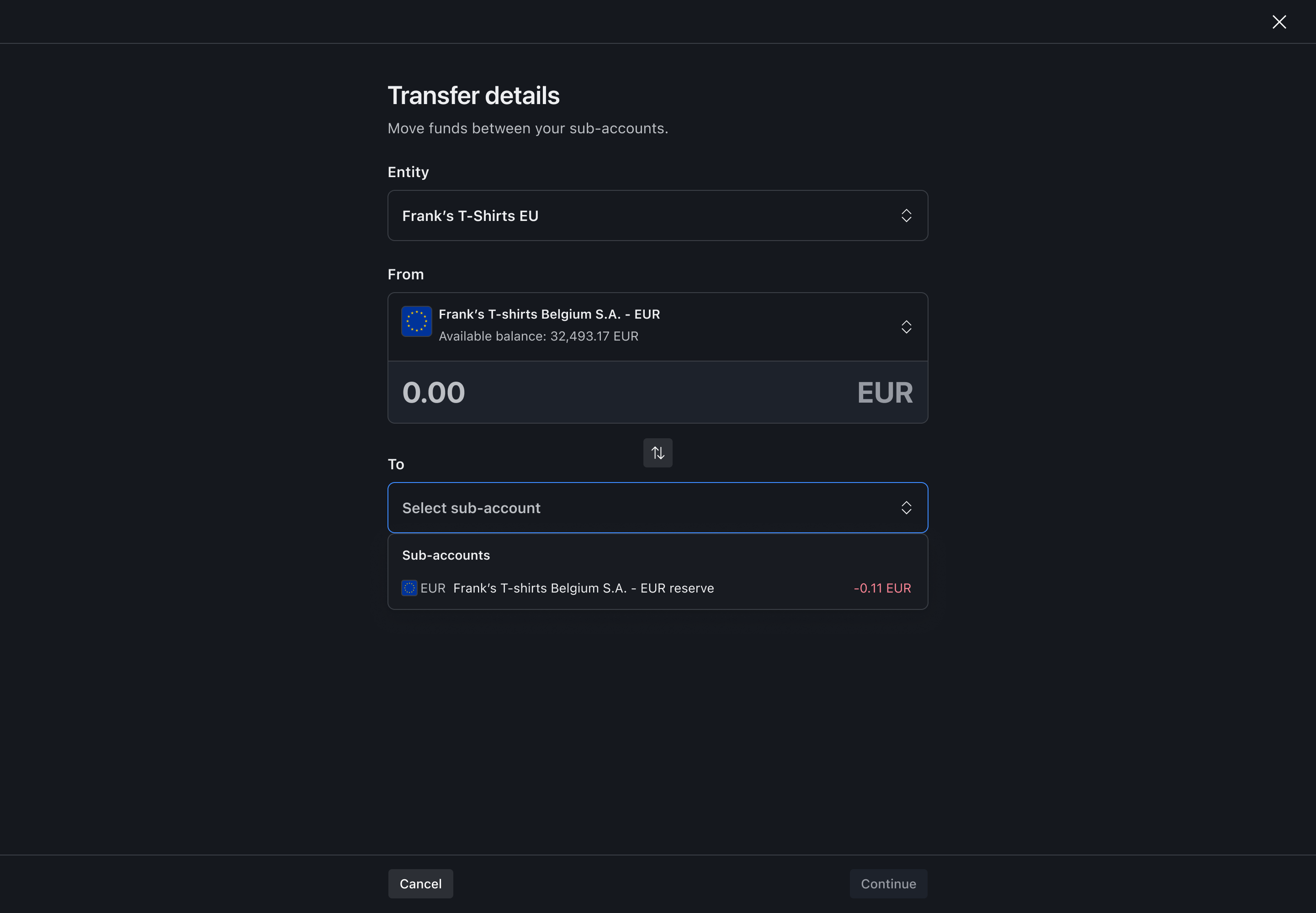 Transfer flow step 4 – Receiving account selection – Dark mode