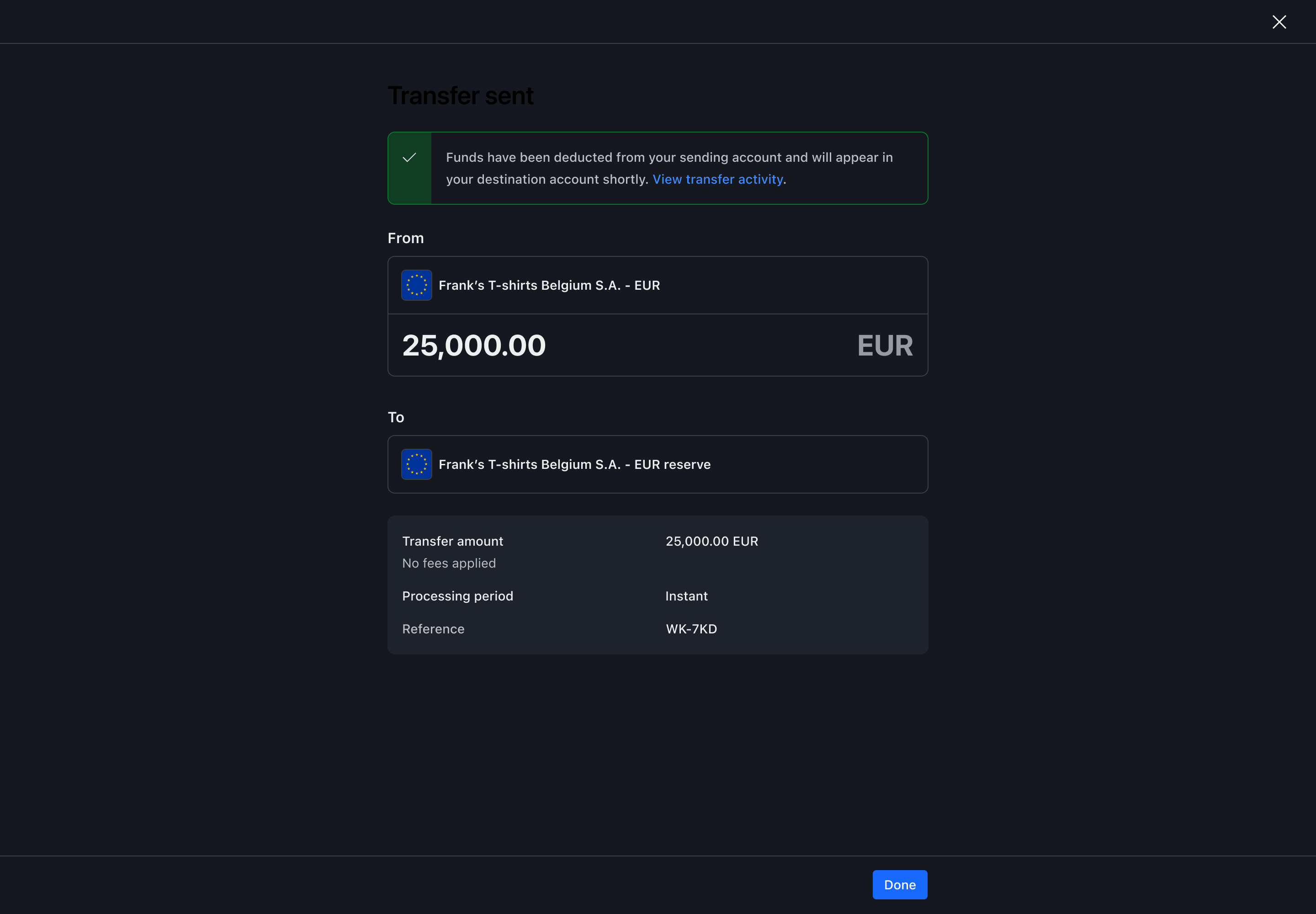 Transfer flow step 7 – Transfer successful – Dark mode
