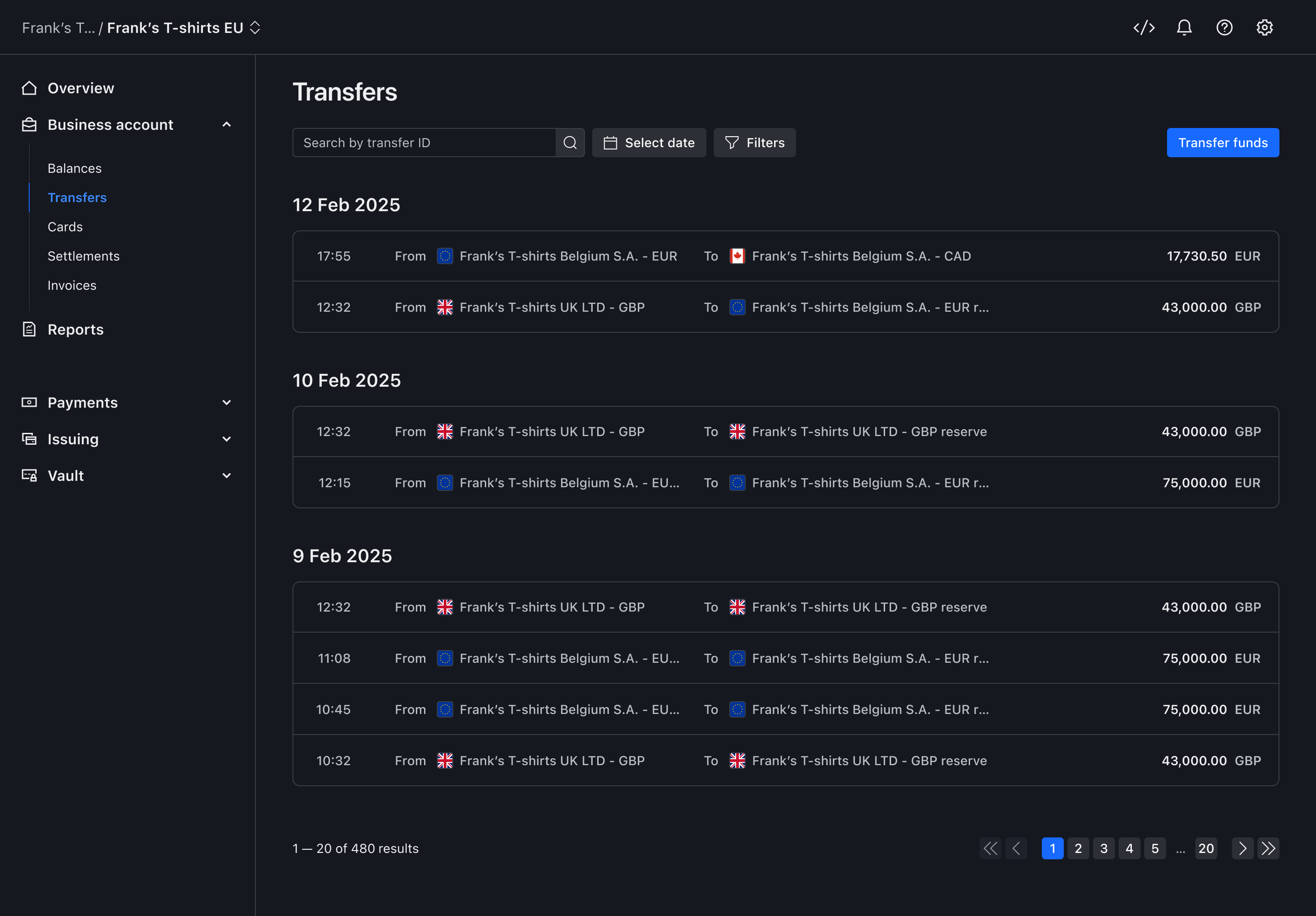 Transfer activity view – Dark mode