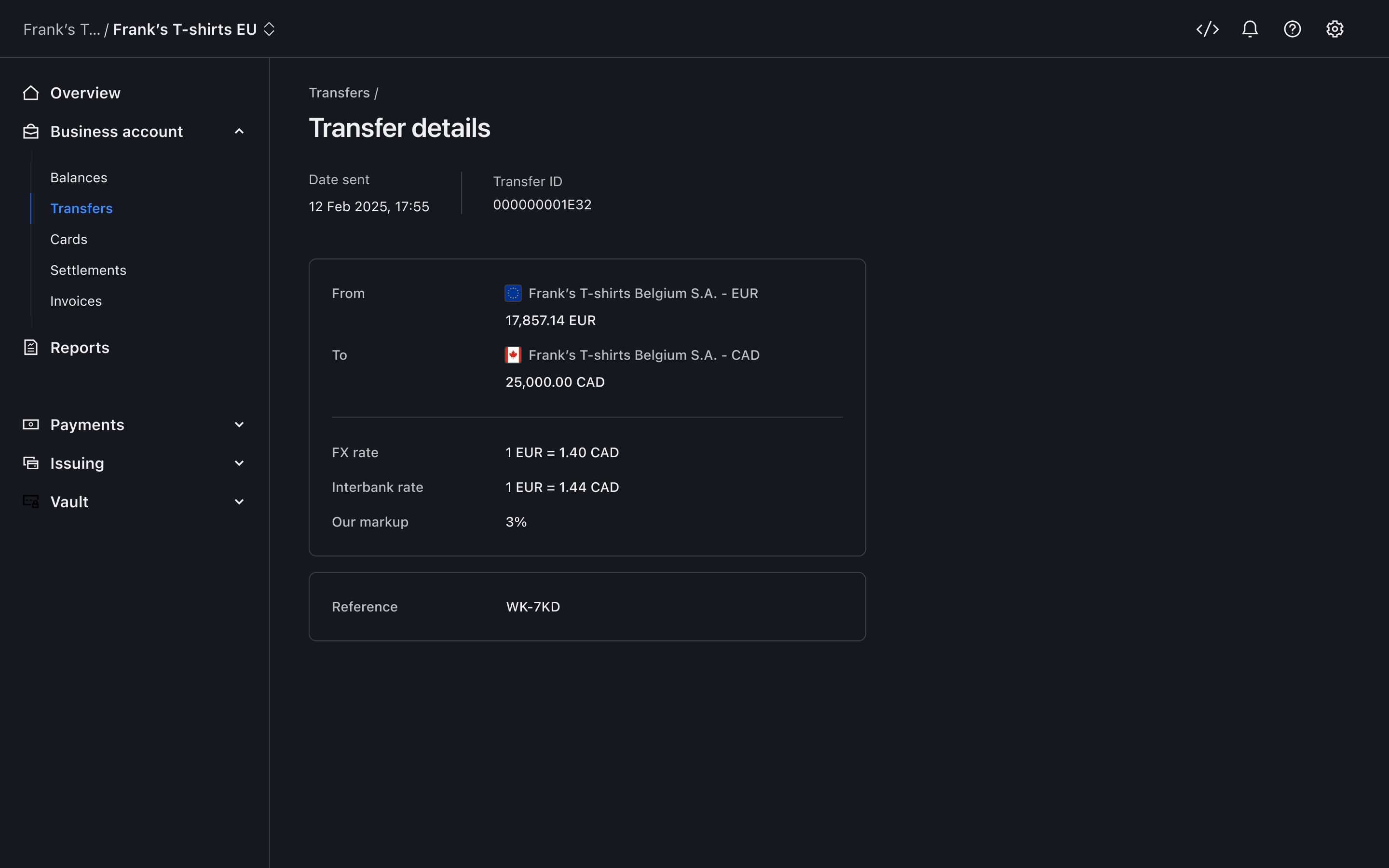 Transfer detail with FX rate – Dark mode