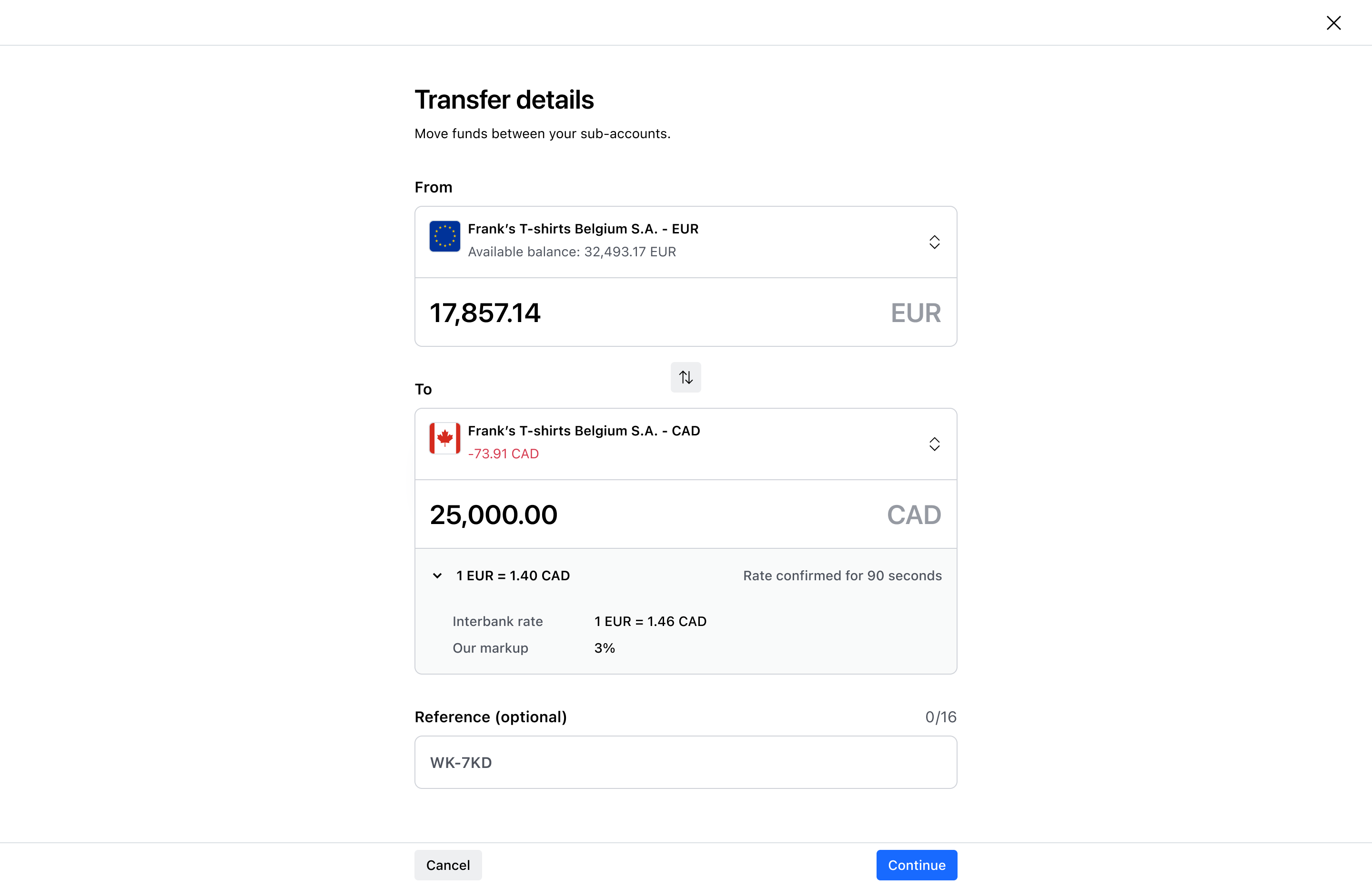 Cross-currency transfer FX rate details – Light mode