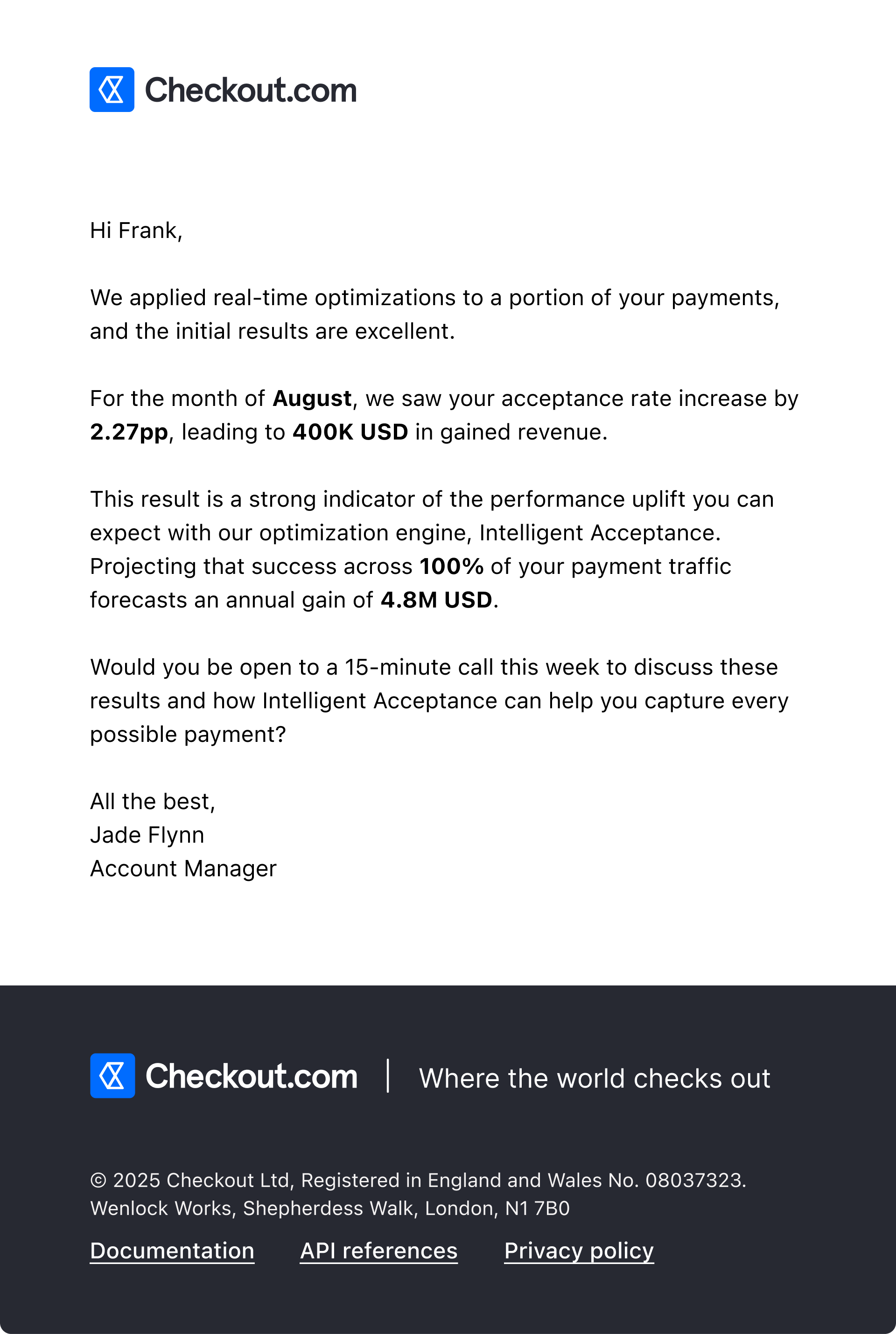 Personal email from an Account Manager referencing the merchant's measured acceptance rate increase and revenue boost